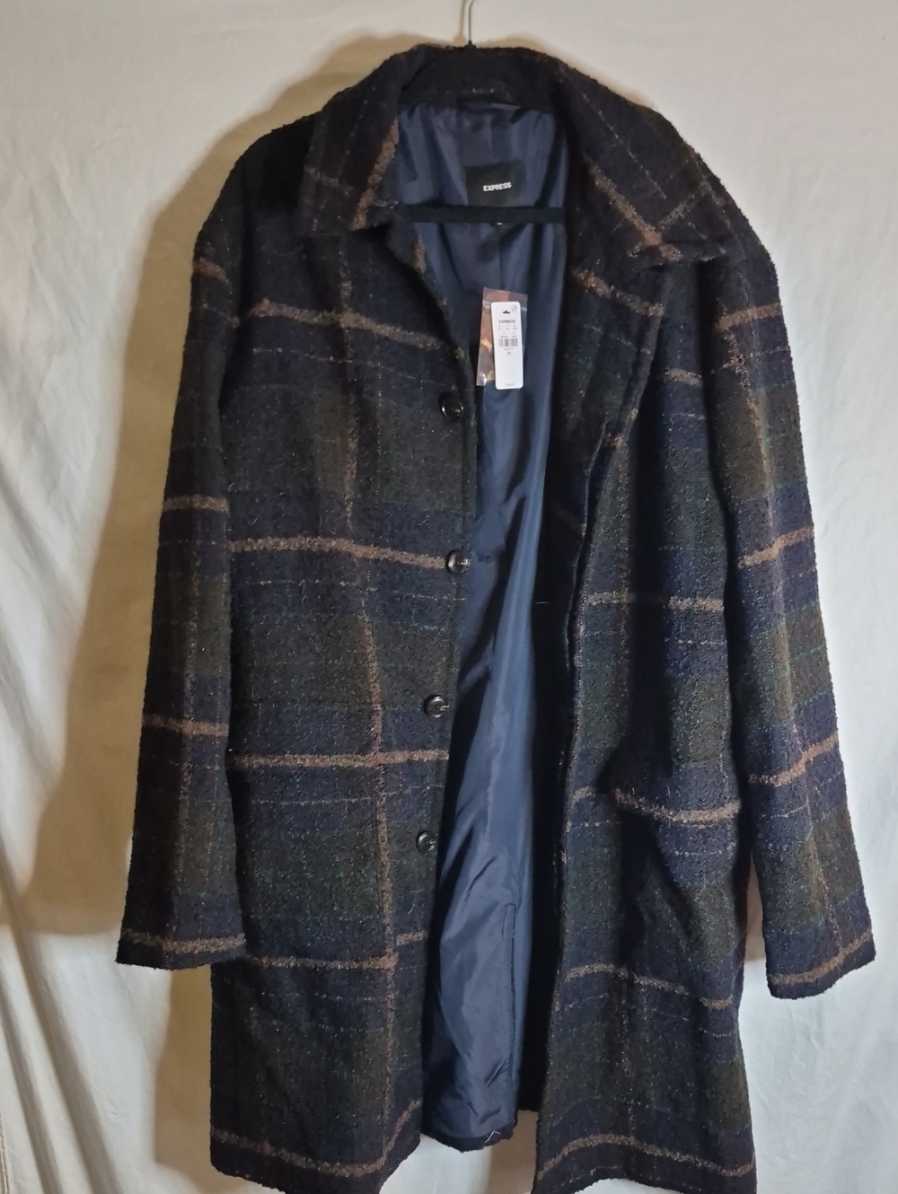 Express Men's Navy and Brown Plaid Pea Coat